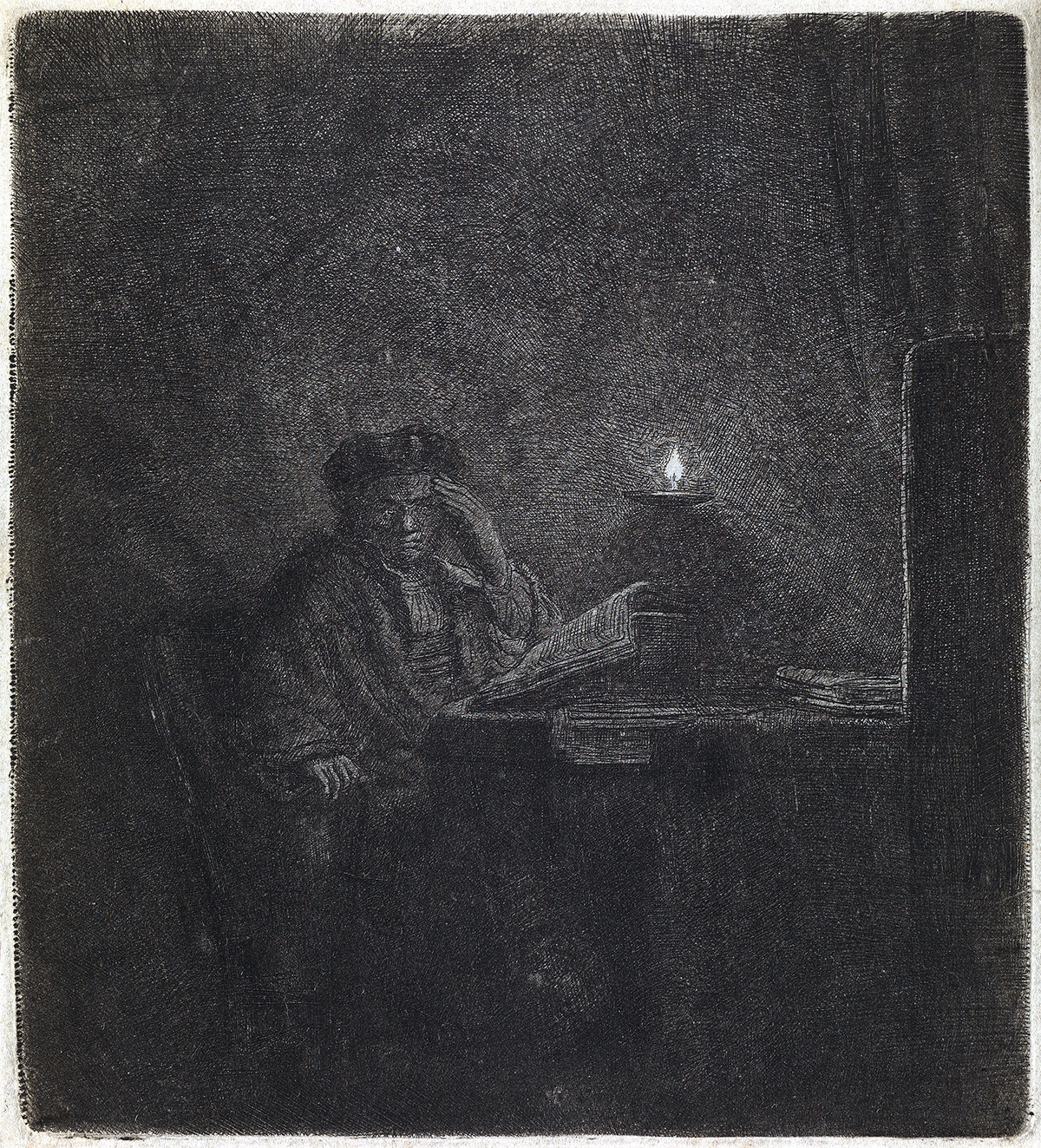 REMBRANDT VAN RIJN A Student at a Table by Candlelight.